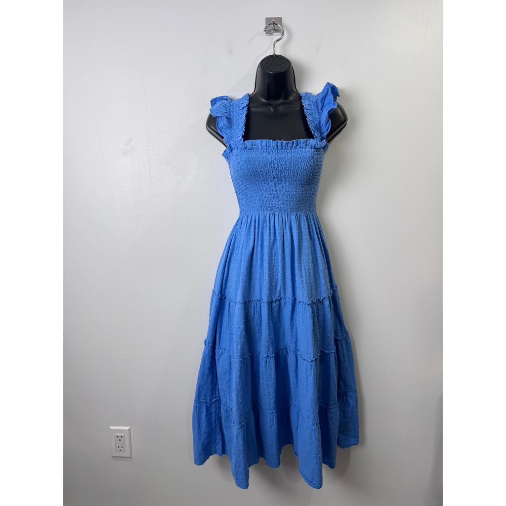 Hill House Women Blue Nap Dress Ellie Smocked Swiss Dot Midi XS